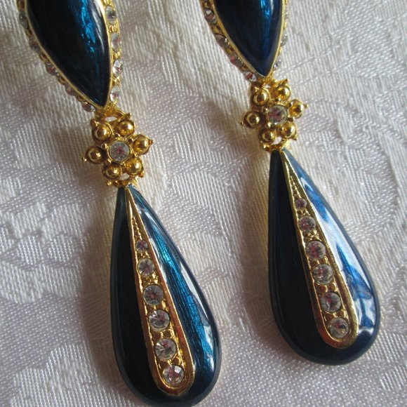 VINTAGE STAR BRIGHT - ROYAL and CRYSTAL TEARDROP EARRINGS - NWOT - Picture 6 of 15